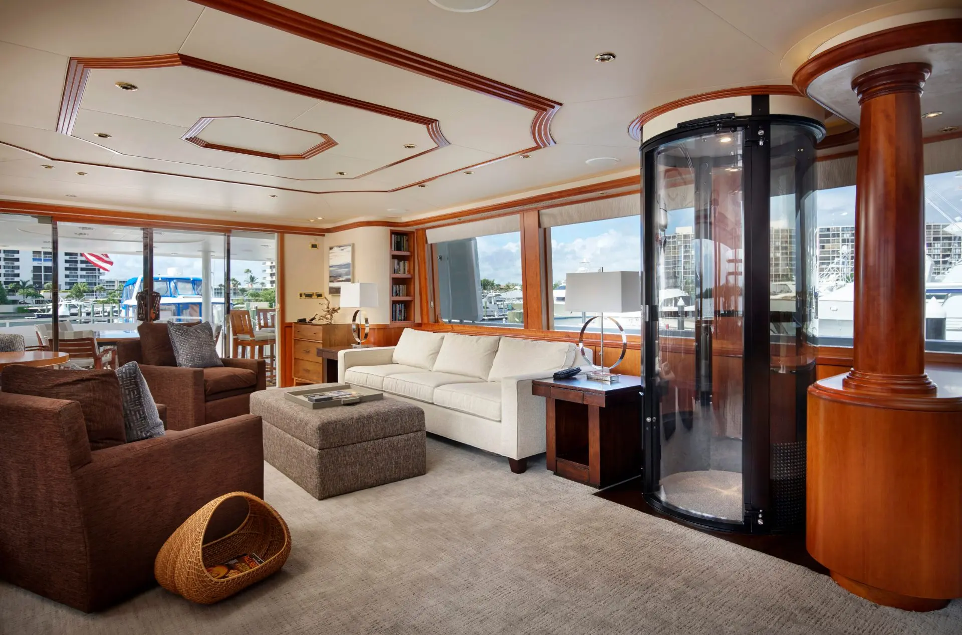 PVE pneumatic vacuum elevator installed in a luxury yacht lounge