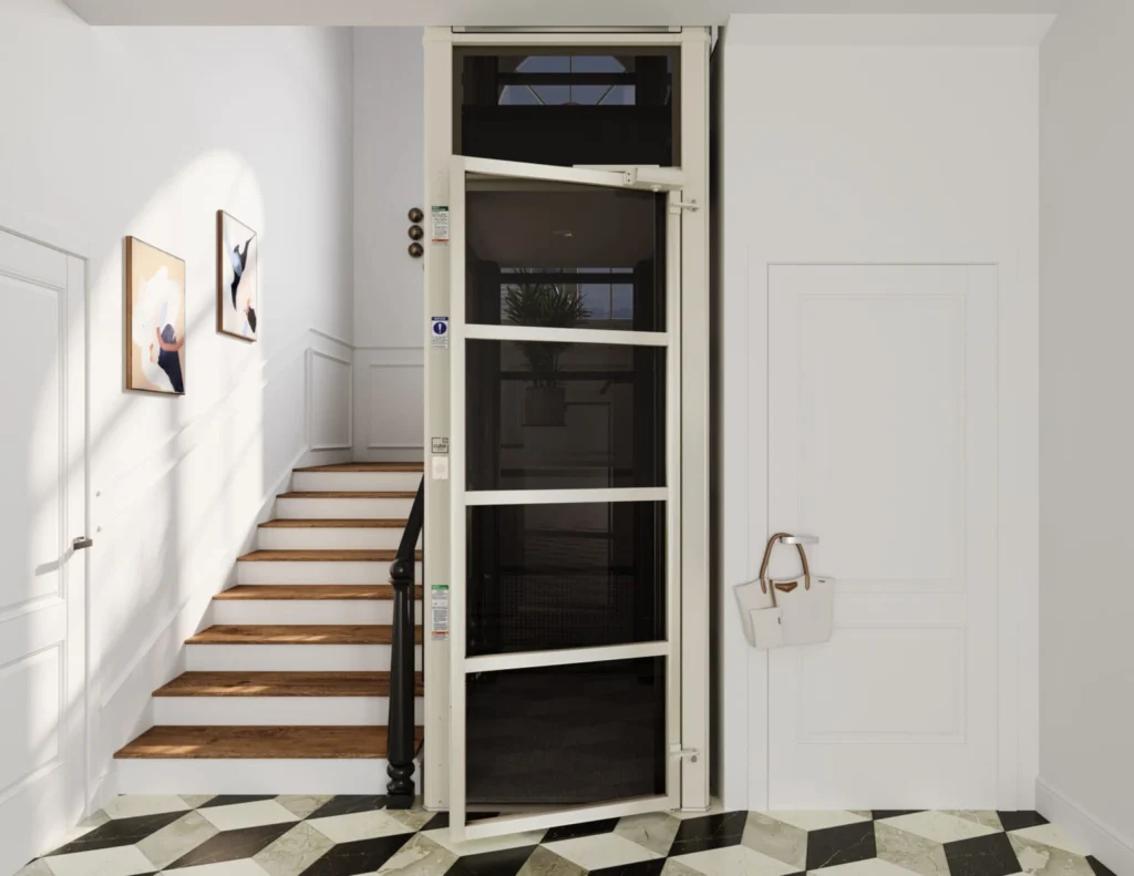 Cube Lift air-powered home elevator installed beside stairs for Florida homes