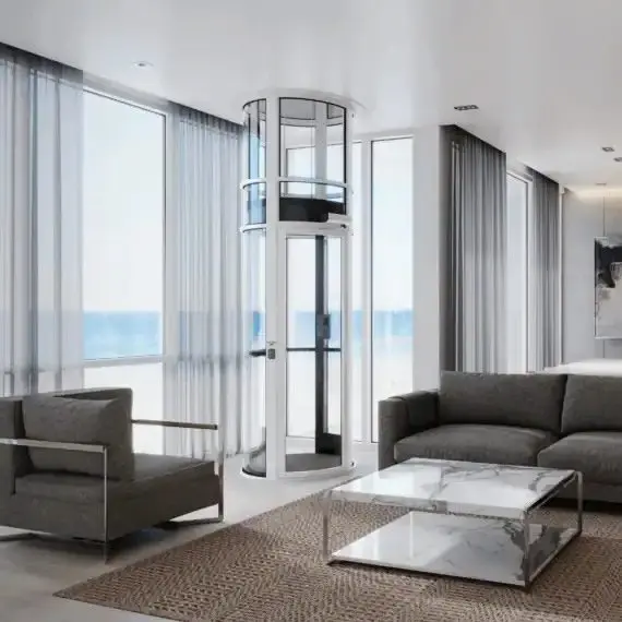 Level Up CY200 luxury glass residential elevator installed in a modern Florida home living area