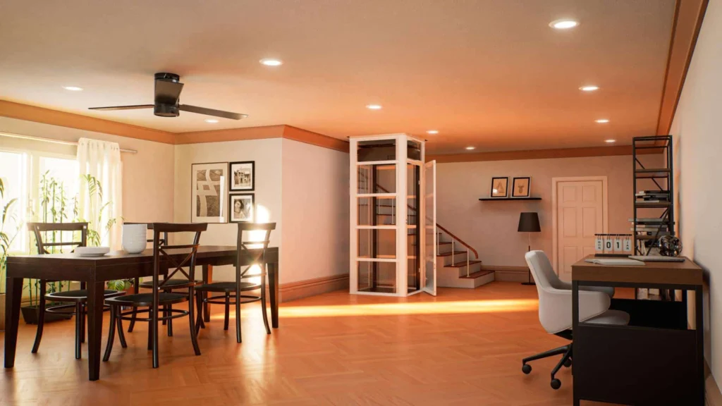 Square air-powered Cube Lift elevator in a spacious residential interior